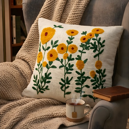 Ivory Floral Embroidered Cushion Cover
