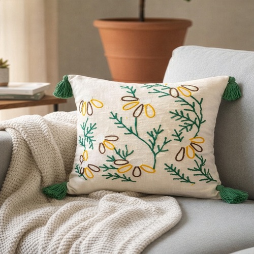 Ivory Botanical Embroidered Cushion Cover with Tassels