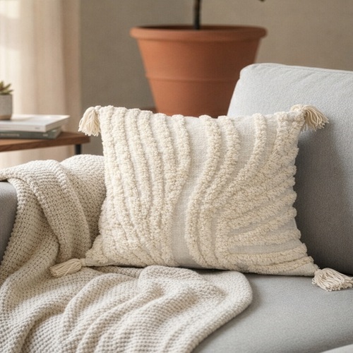 Ivory Tufted Textured Cushion Cover with Tassels