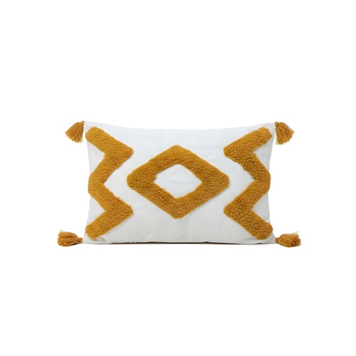 Ivory Mustard Geometric Tufted Cushion Cover with Tassels