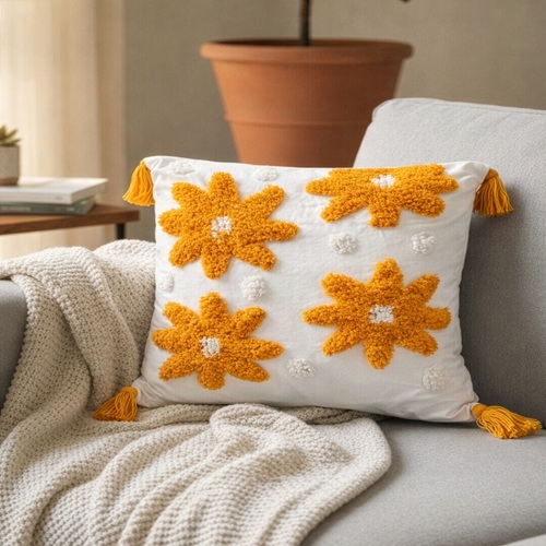 Ivory Mustard Floral Tufted Cushion Cover with Tassels